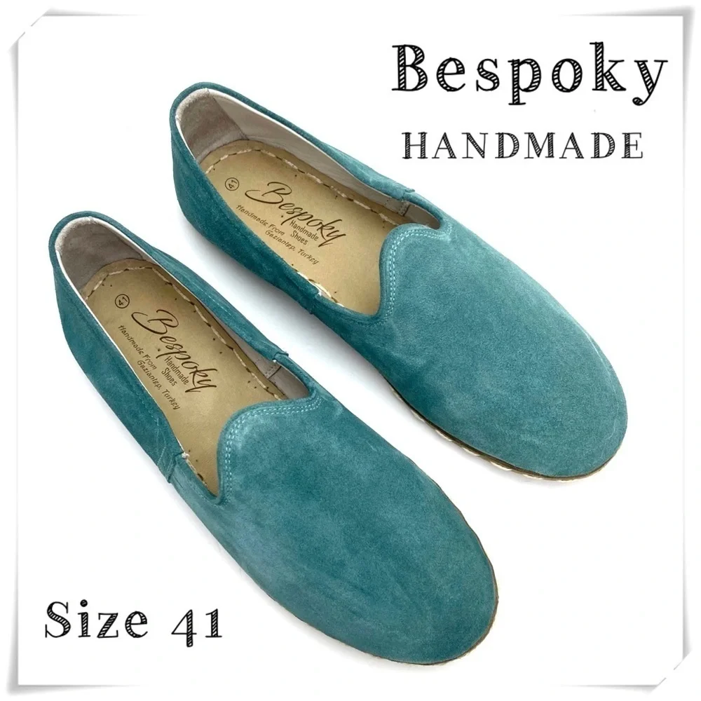 THE Bespoky Suede Handmade Flat Slip On Loafer In Aqua green Size 41